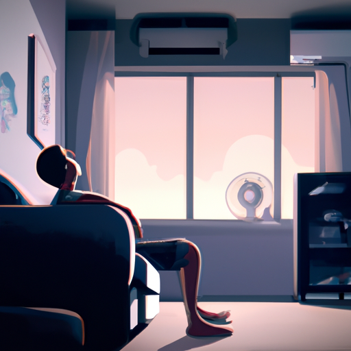 אדם שיושב על ספה בסלון, מרים מבט אל חלון בו מותקן מזגן.