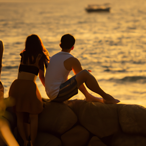 זוג נהנה מנוף שקיעה על חוף תאילנדי